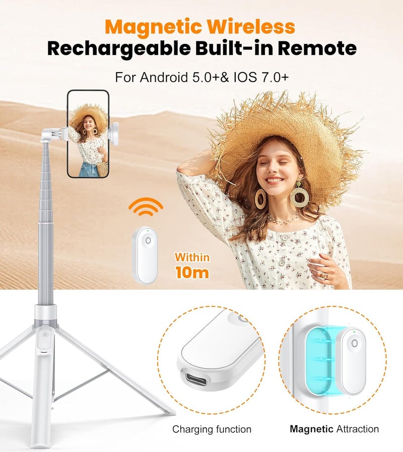 TONEOF 66" Automatic Phone Tripod with Magnetic Rechargable Remote,Selfie Stick 360° Vertical & Horizontal Rotatable,Stable for iPhone/Android(White) - Image 5